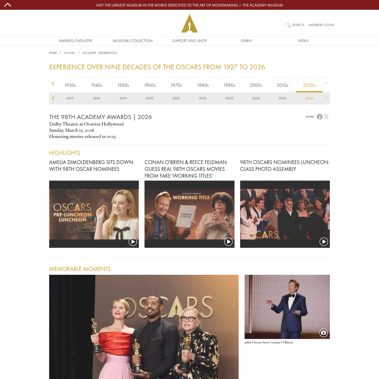 Academy Oscars 2026 ceremony page showing the official Best Actor category context