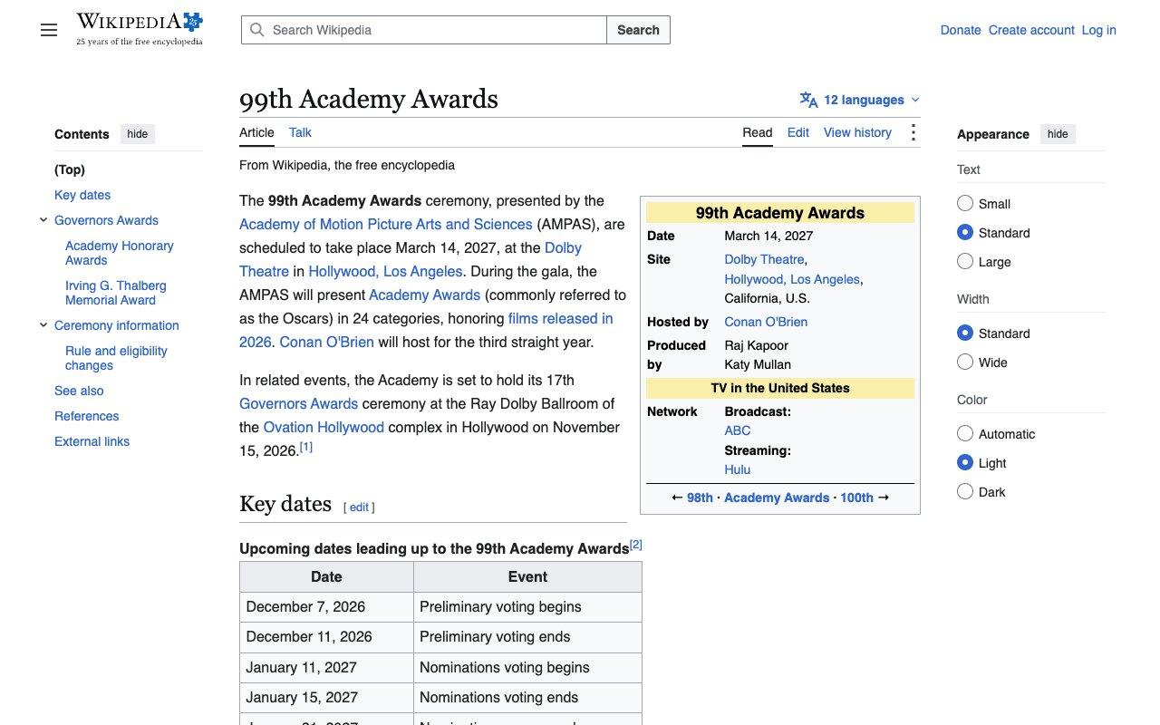 Wikipedia key-dates table for the 99th Academy Awards listing preliminary voting from 7 to 11 December 2026 and nominations voting from 11 to 15 January 2027