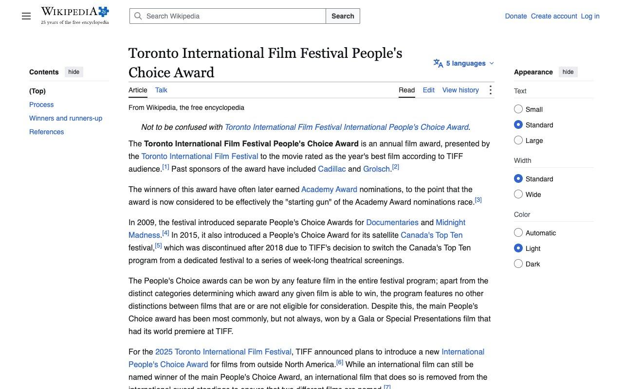 Wikipedia page for the Toronto International Film Festival People’s Choice Award, describing the prize as effectively the starting gun of the Academy Award nominations race