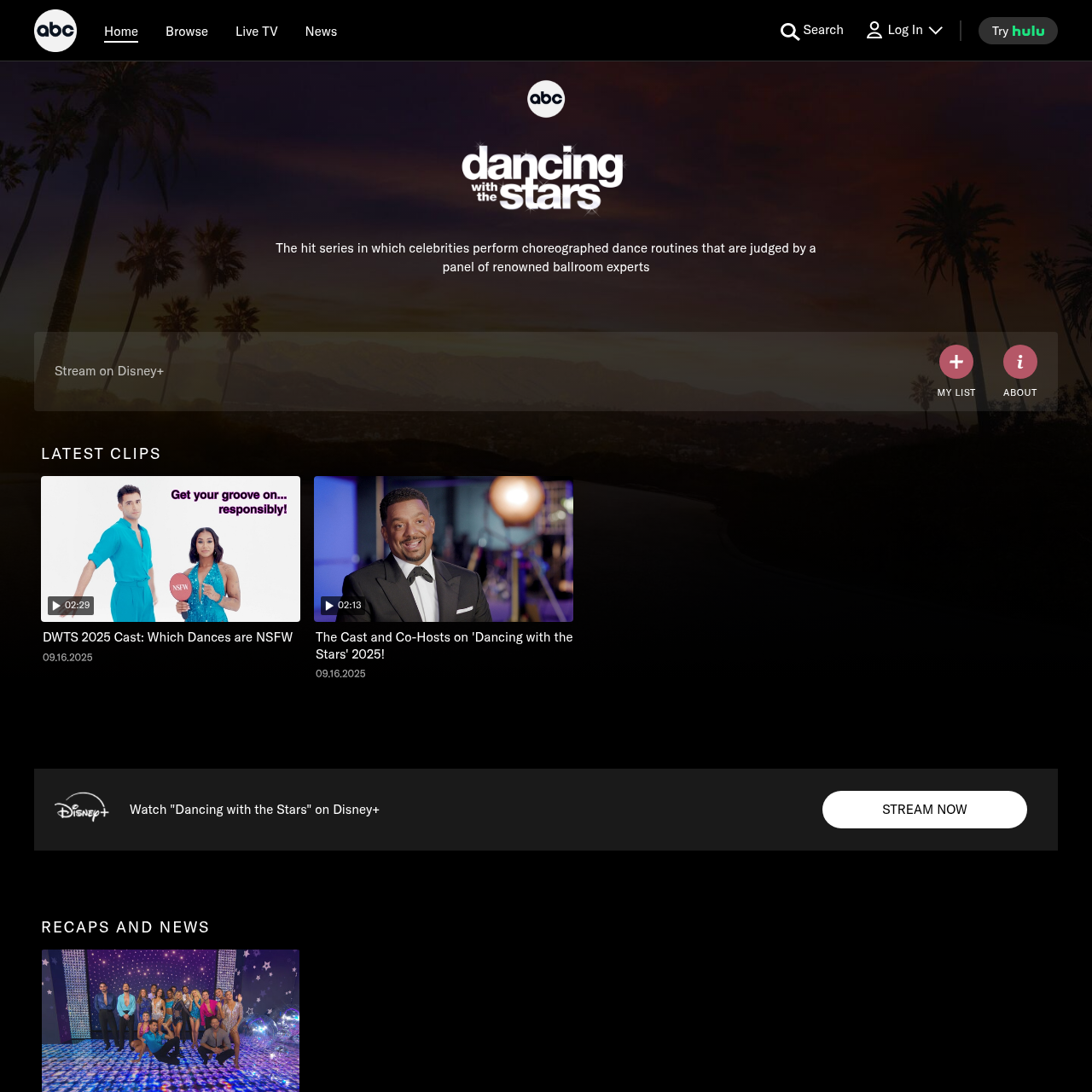 ABC Dancing with the Stars page showing official show context