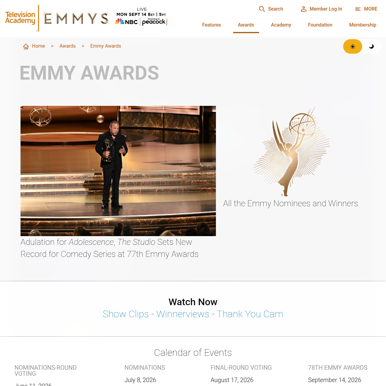 Television Academy Emmy Awards page showing 2026 calendar dates