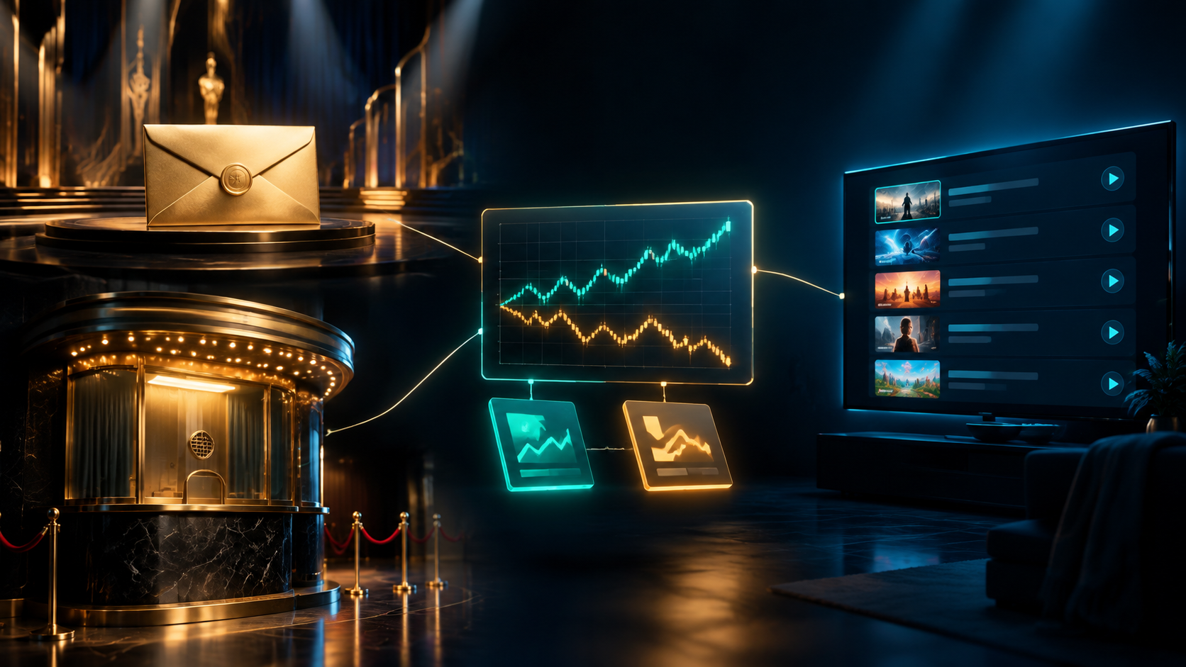 Illustration of an awards envelope on a stage, a box office ticket window and a streaming chart, all linked to a glowing prediction-market price chart with Yes and No contract cards