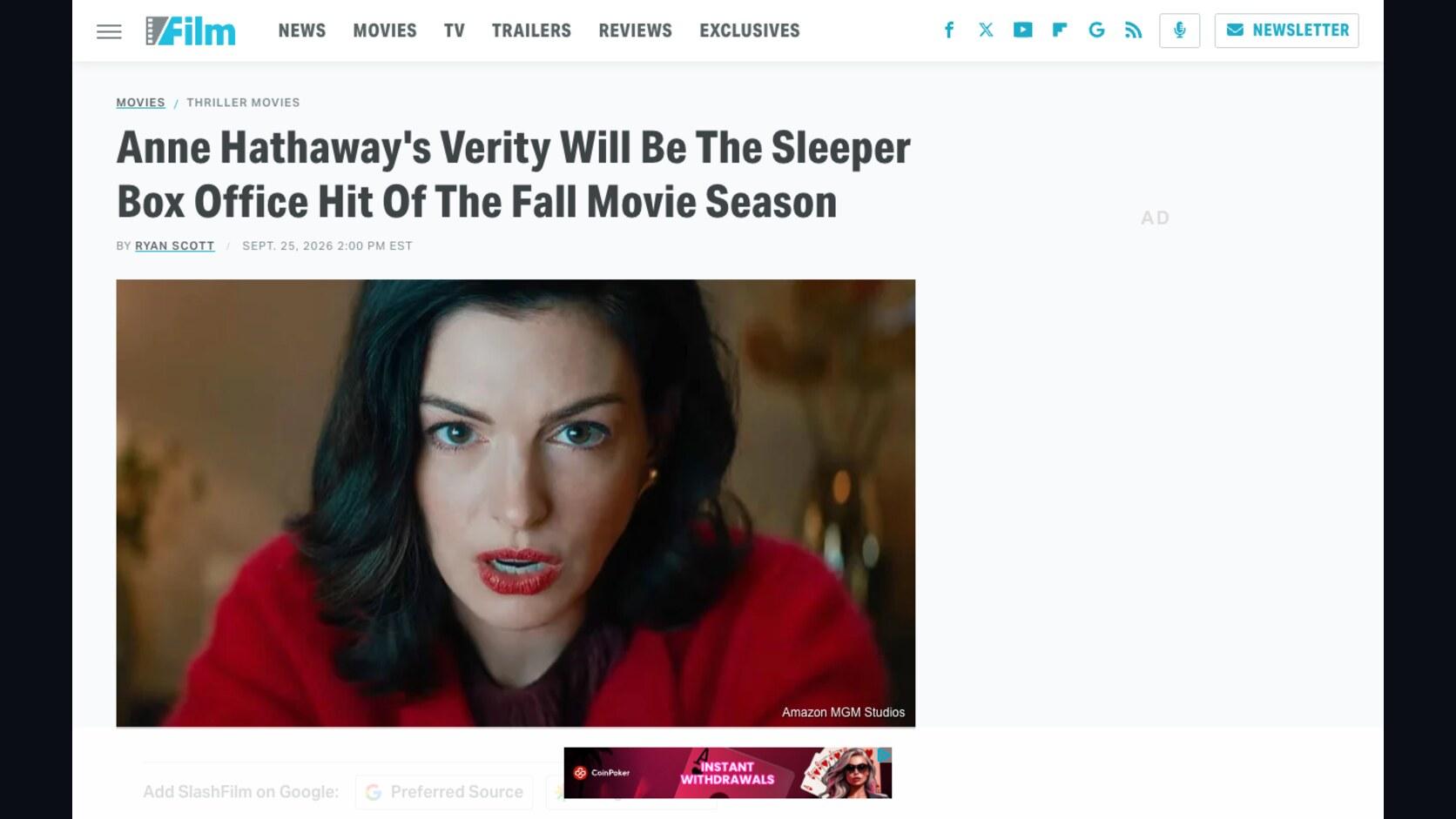 Screenshot of the SlashFilm article headlined Anne Hathaway's Verity Will Be The Sleeper Box Office Hit Of The Fall Movie Season, by Ryan Scott, dated September 25 2026