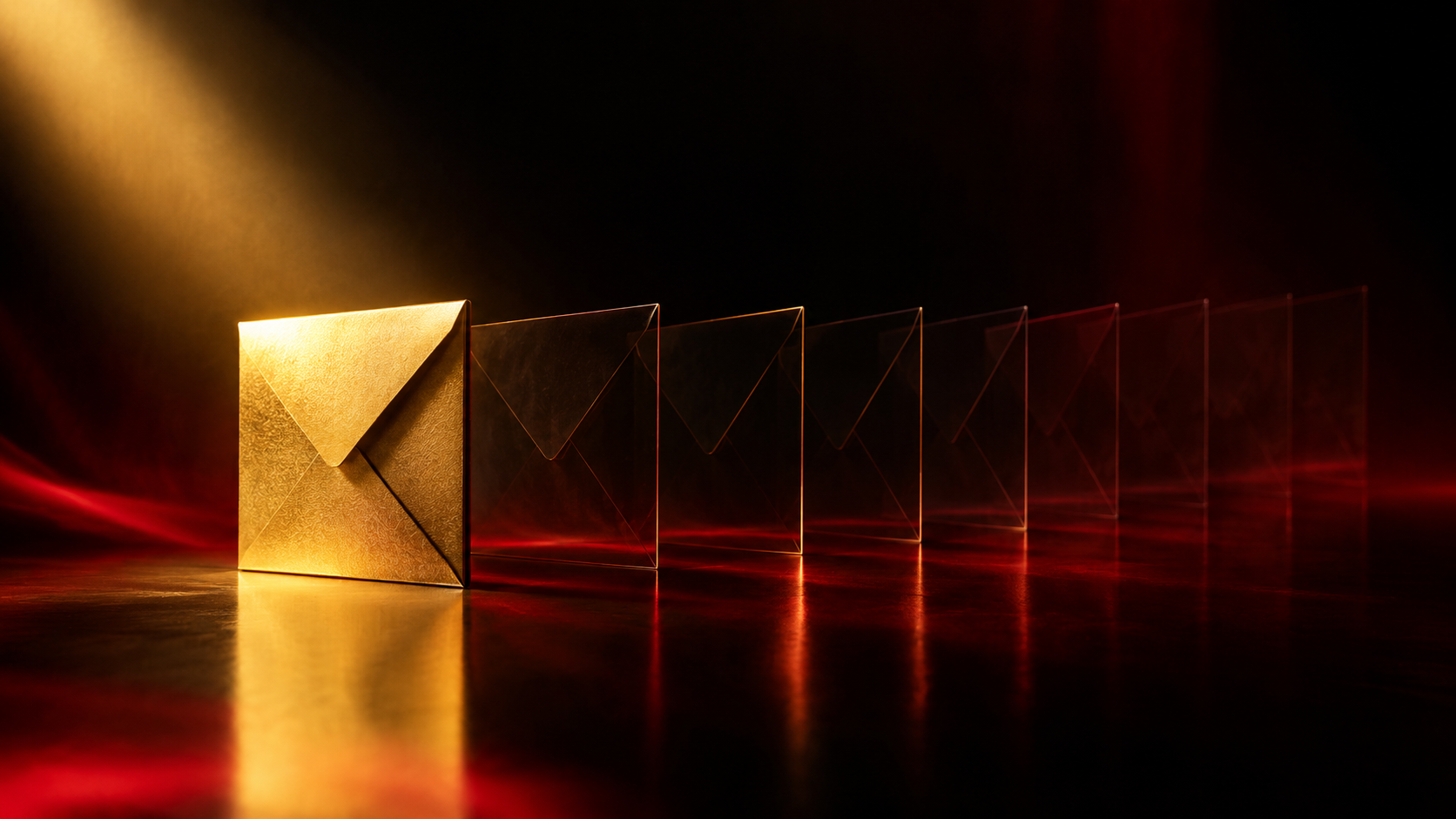A row of sealed gold awards envelopes standing upright on a dark reflective stage, all but the front one ghosted almost to transparency, with the front envelope solid and lit