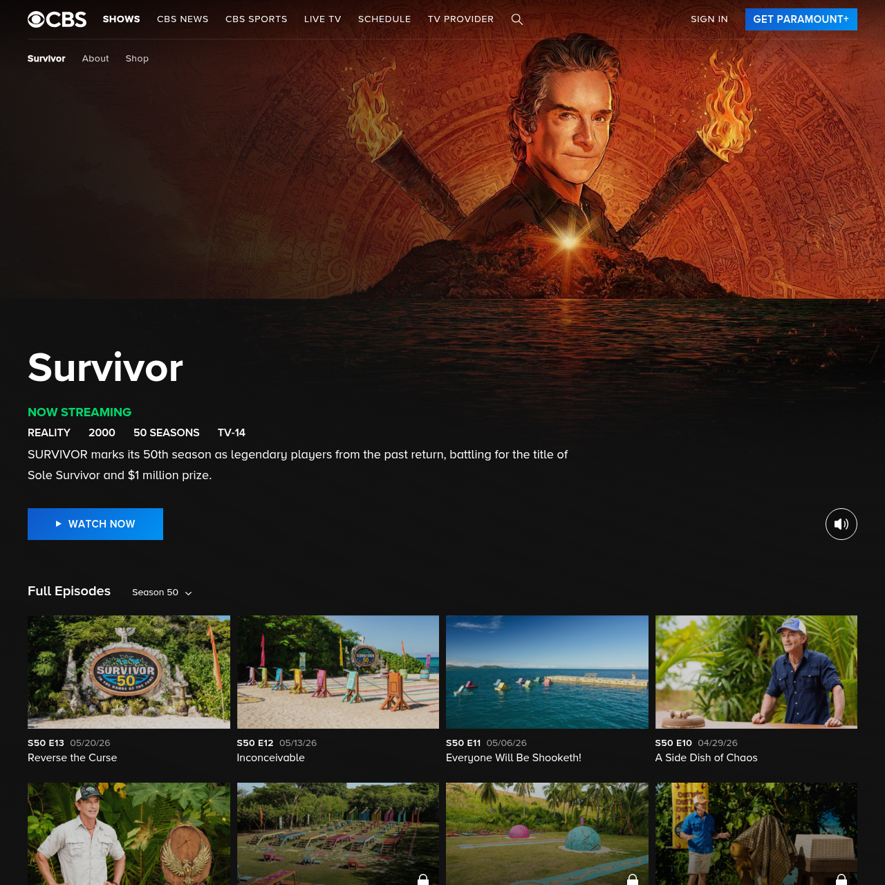 CBS Survivor page showing Season 50 streaming and episode context