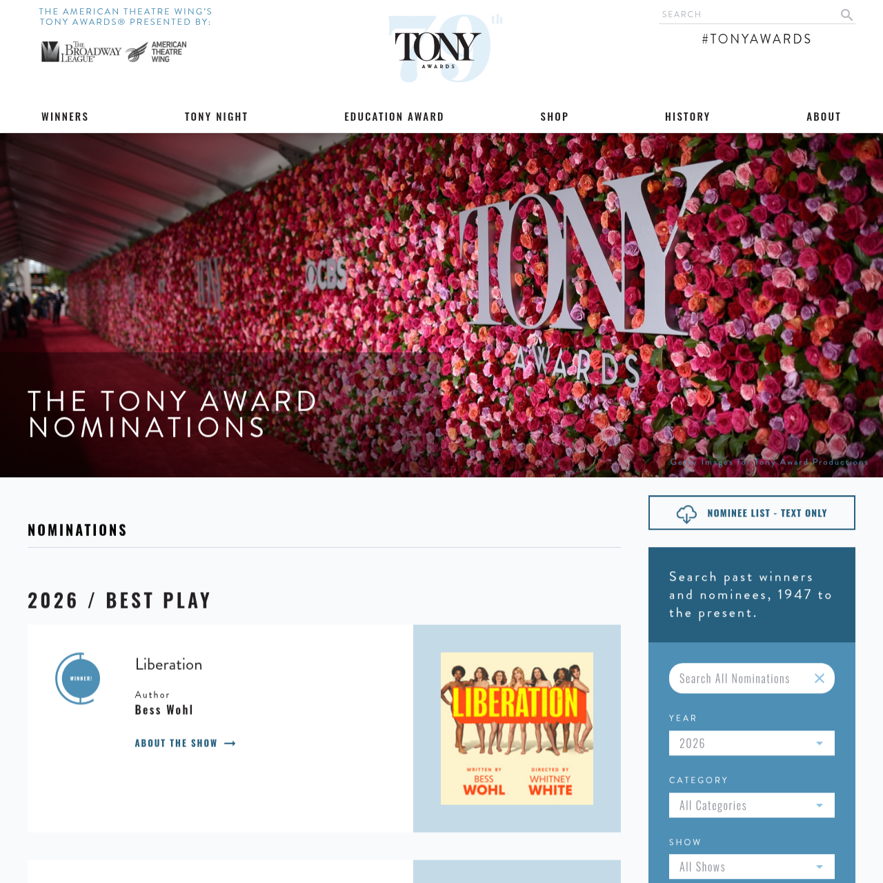 Official Tony Awards nominations page showing 2026 nominees and winners