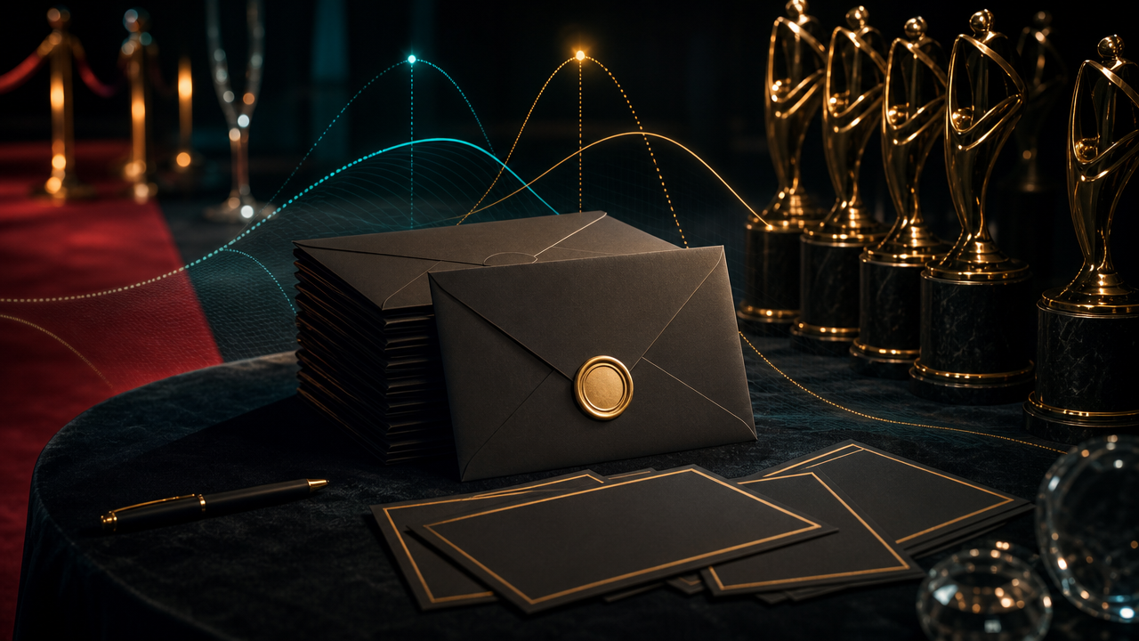 Editorial awards-season envelopes and trophy silhouettes with probability charts