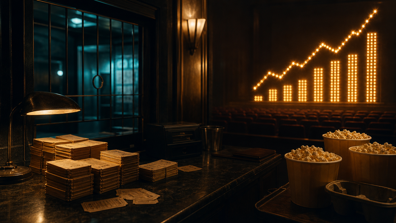 Editorial box office counter with ticket stacks and market chart lighting