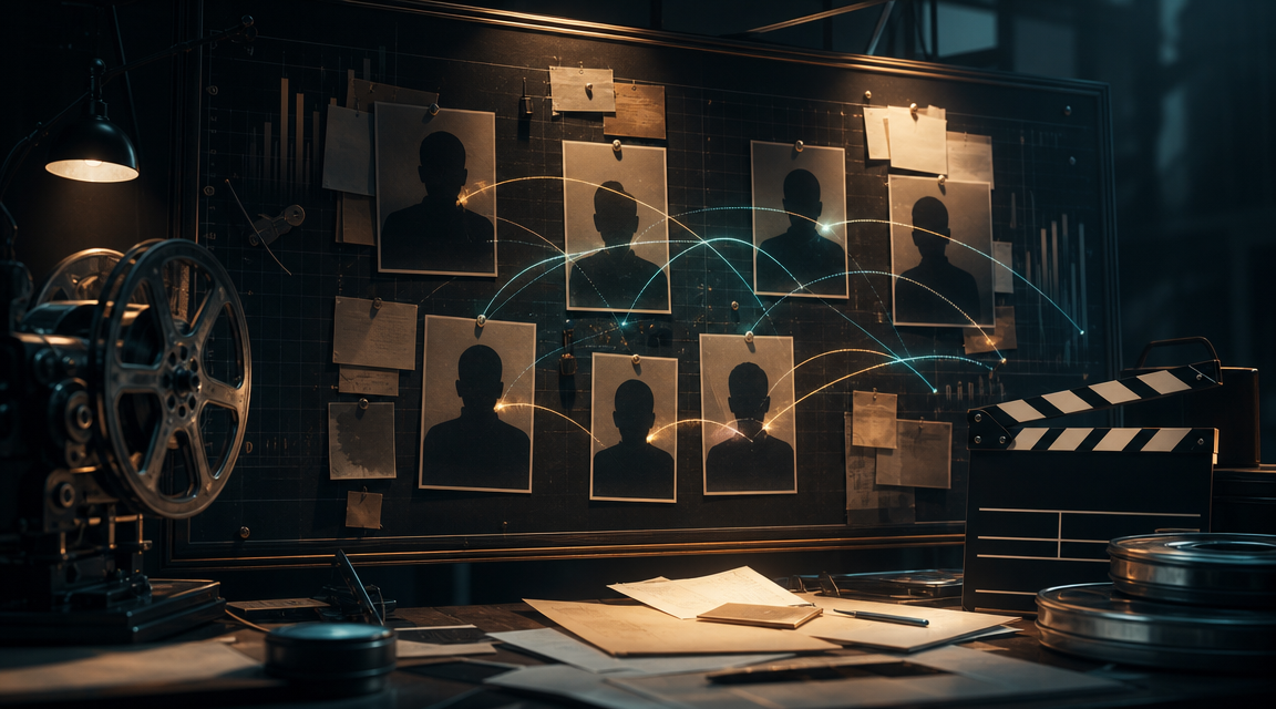 Editorial movie casting board with cinema reels and probability charts