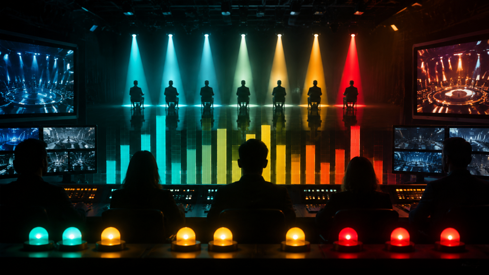 Editorial reality TV studio control room with voting lights and market charts