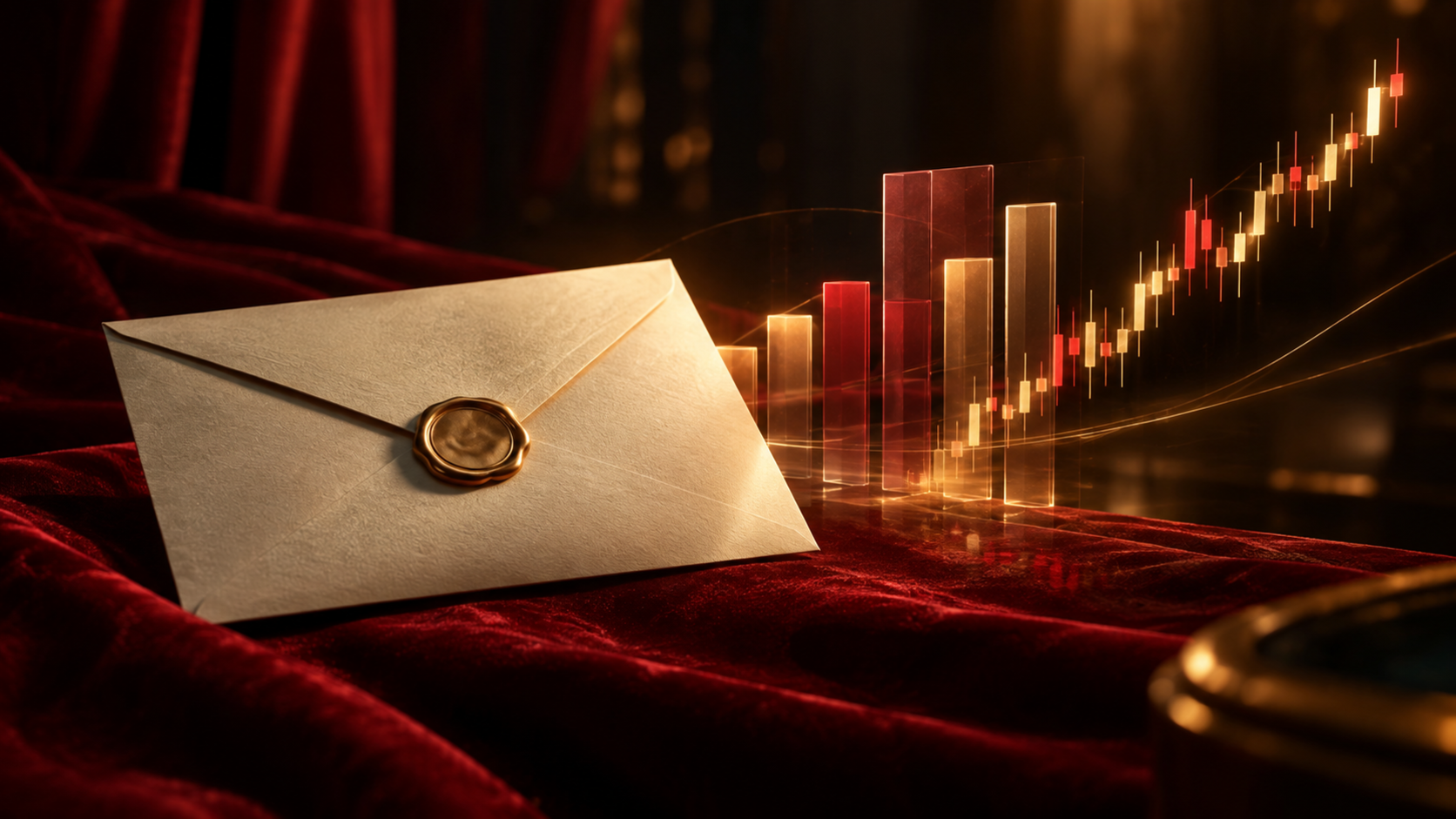 A sealed cream awards envelope with a gold wax seal resting on deep red velvet, beside a glowing rising candlestick price chart, illustrating an Oscars Best Actress prediction market