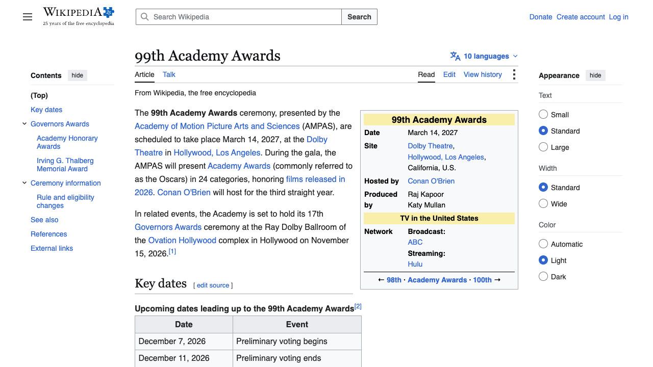 Wikipedia page for the 99th Academy Awards showing the ceremony scheduled for 14 March 2027 at the Dolby Theatre, the resolution date for every contract in this article