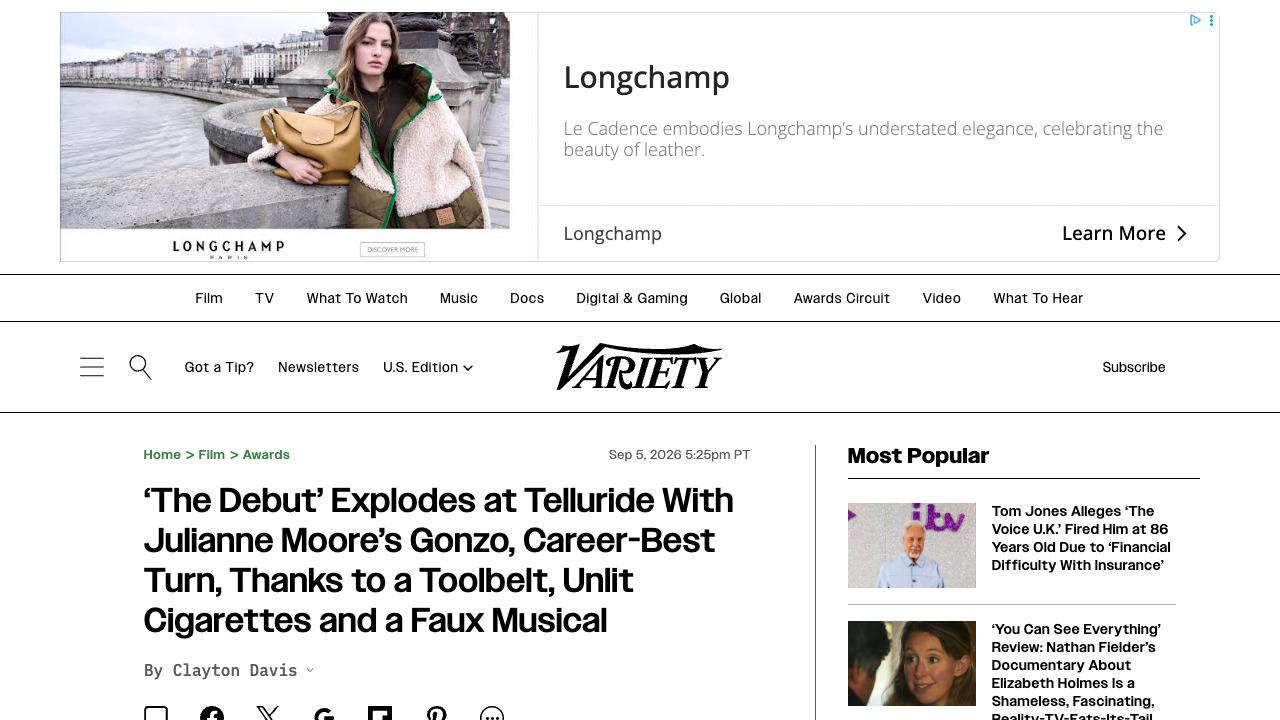 Variety review page dated 5 September 2026 headlined The Debut Explodes at Telluride With Julianne Moore's Gonzo, Career-Best Turn, the write-up that preceded the 35.5 point move in her contract