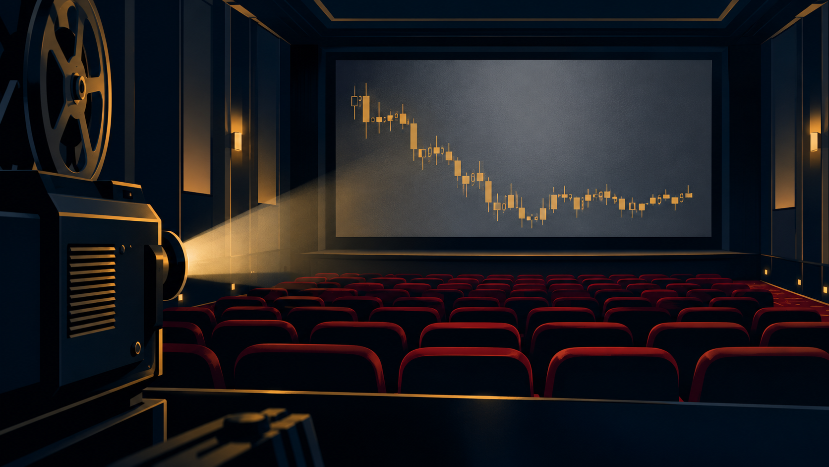 Dark cinema auditorium with a gold candlestick price chart projected on the screen, illustrating the 2027 Oscars Best Director prediction market
