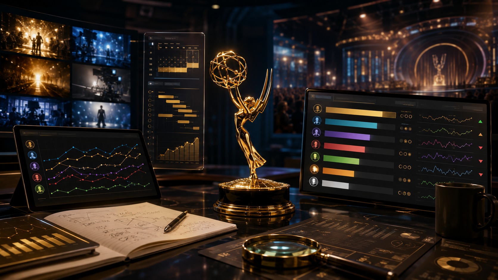 Editorial Emmy predictions dashboard with TV awards calendar and market signals