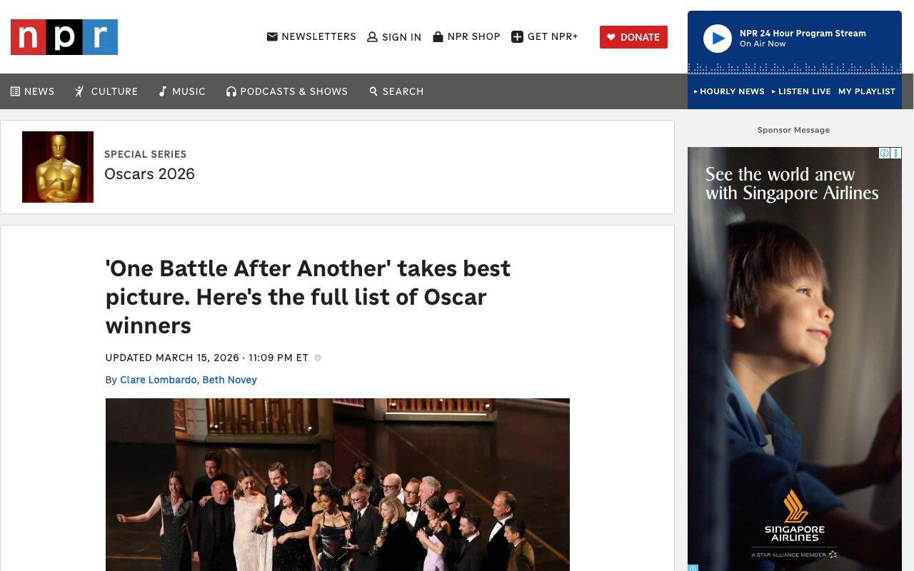 NPR article dated March 15, 2026 headlined One Battle After Another takes best picture, with the full list of Oscar winners