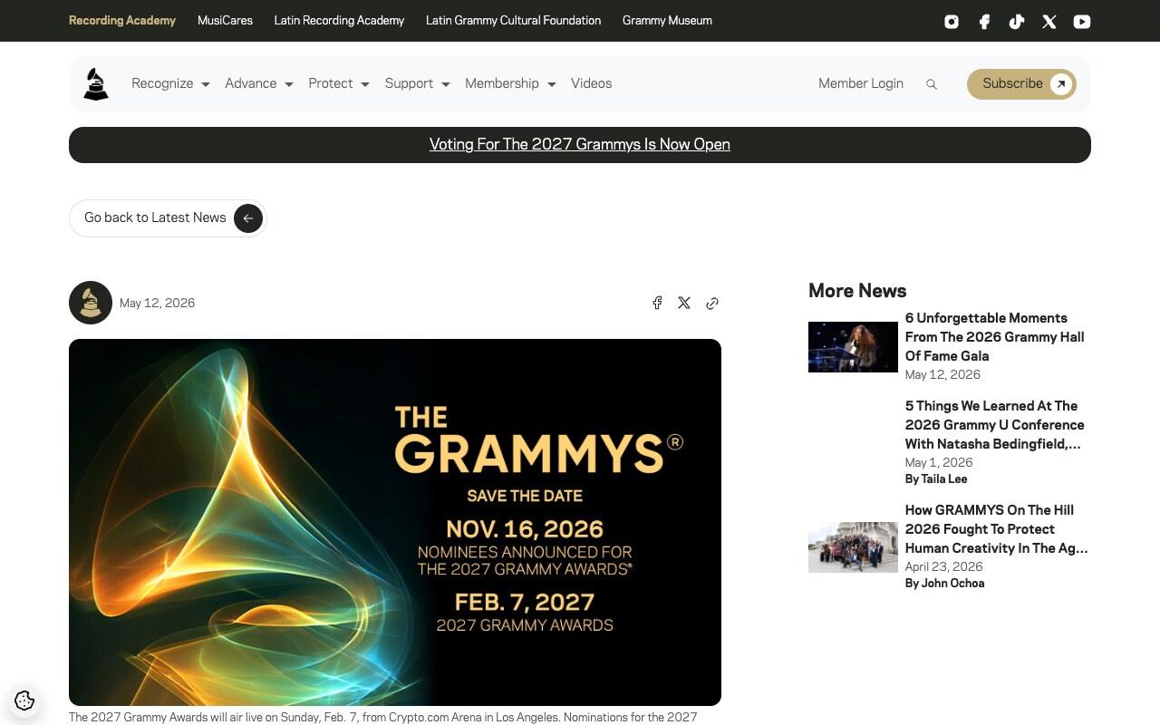 Screenshot of the Recording Academy news page announcing the 2027 Grammy Awards, carrying a save-the-date card reading NOV. 16, 2026 nominees announced for the 2027 Grammy Awards and FEB. 7, 2027 2027 Grammy Awards