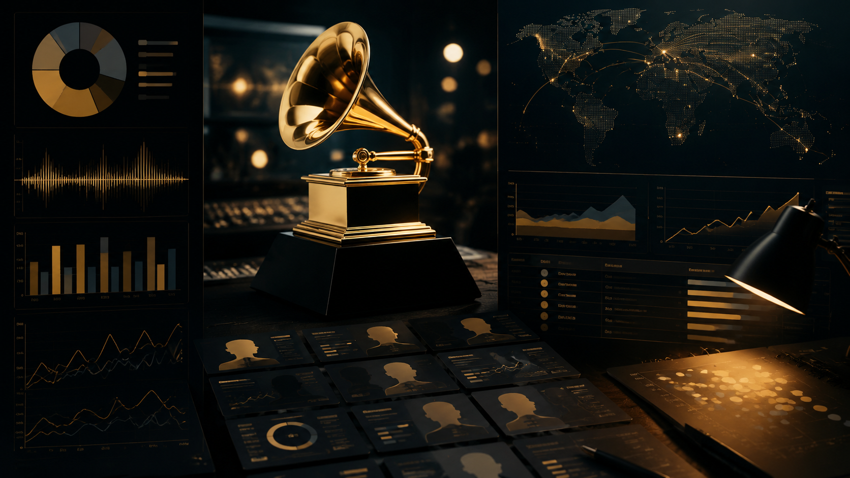 Editorial Grammys predictions dashboard with music awards signals