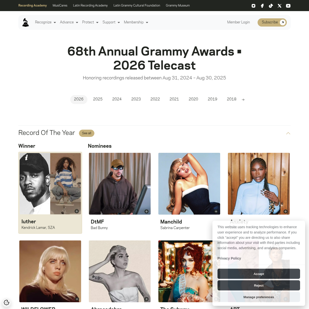 GRAMMY.com 68th Annual Grammy Awards 2026 category page