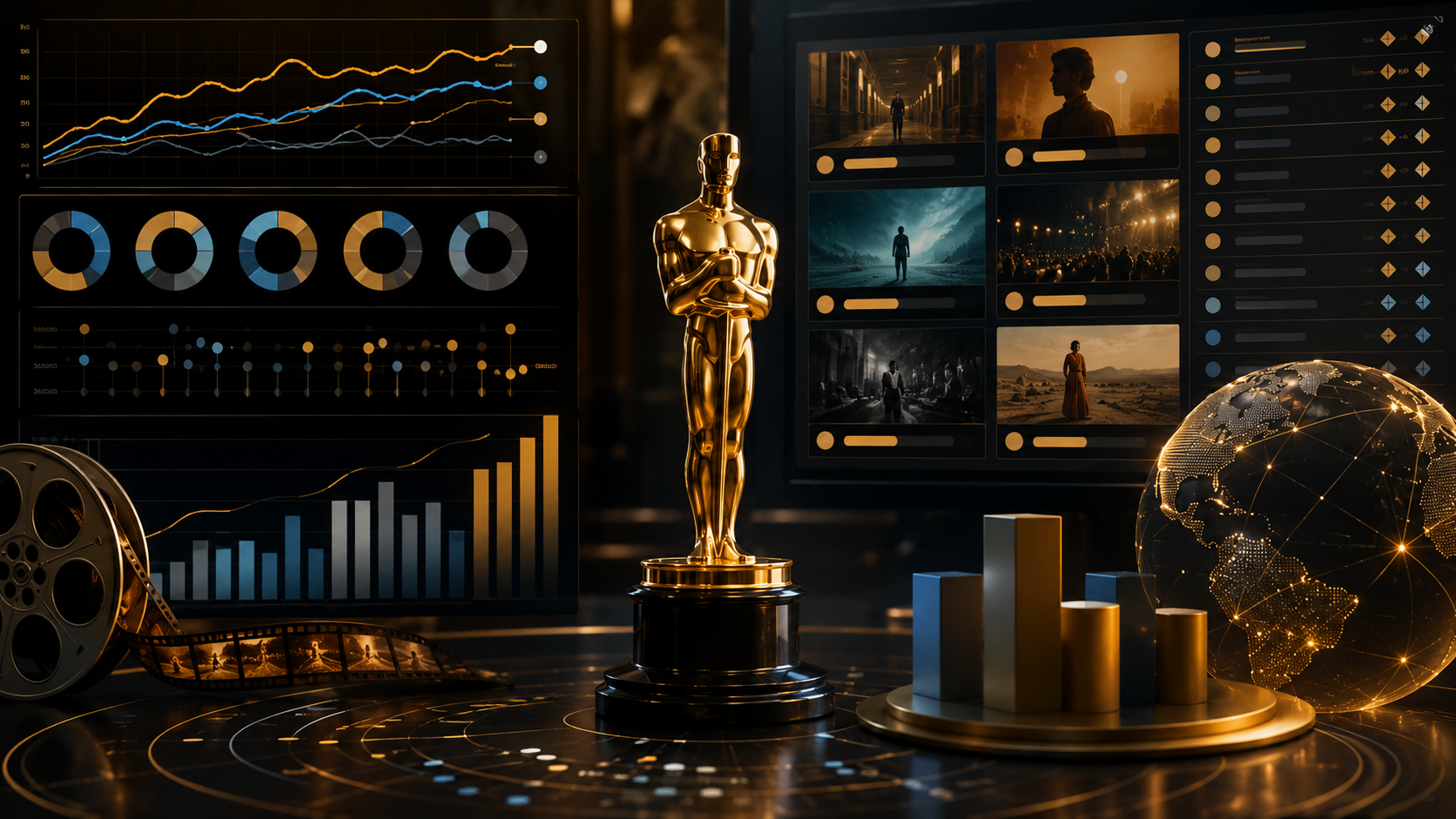 Editorial Oscars predictions dashboard with awards categories and market signals