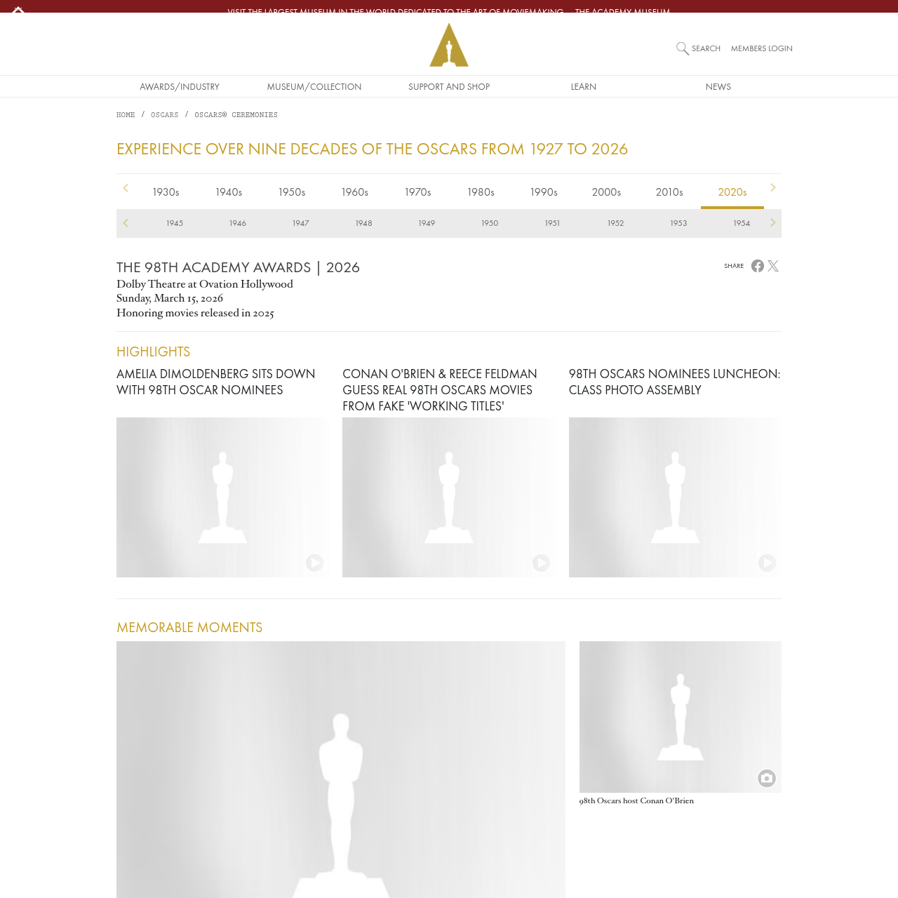 Academy 2026 Oscars ceremony page showing the 98th Academy Awards