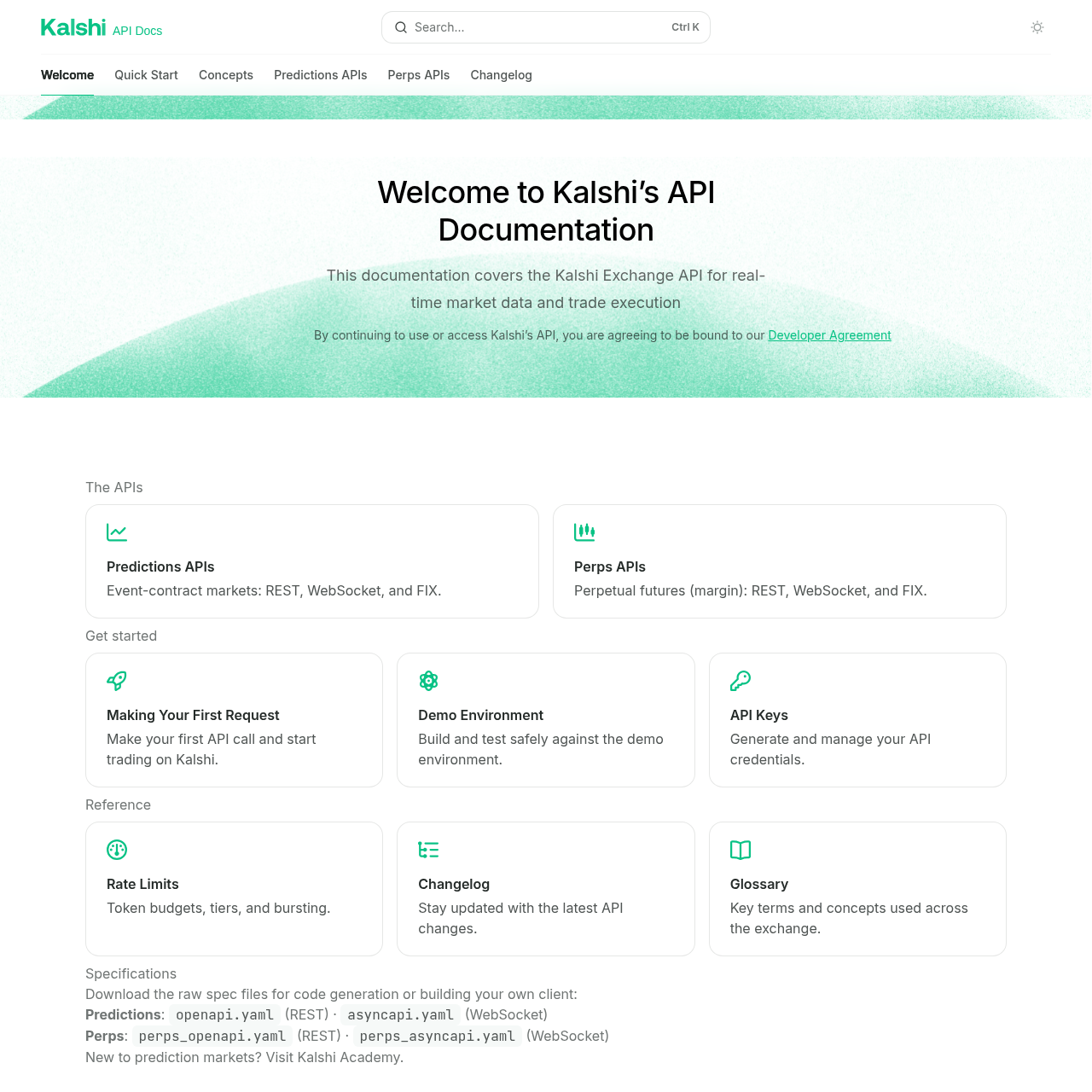 Kalshi API documentation showing market data access patterns