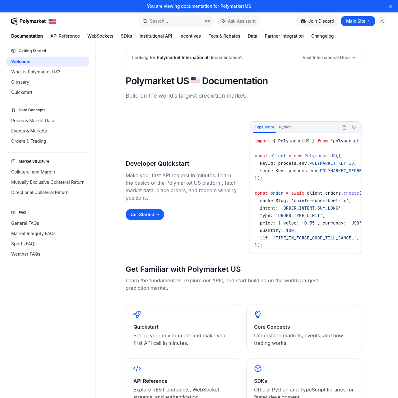 Polymarket API documentation showing developer access to market data