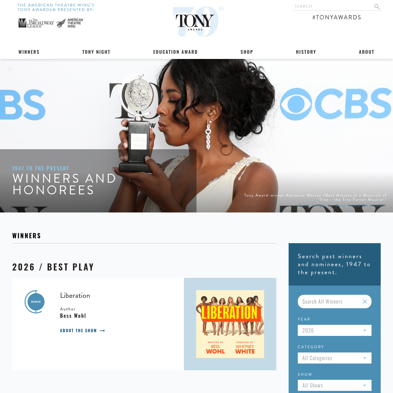 Tony Awards winners page showing 2026 winner categories