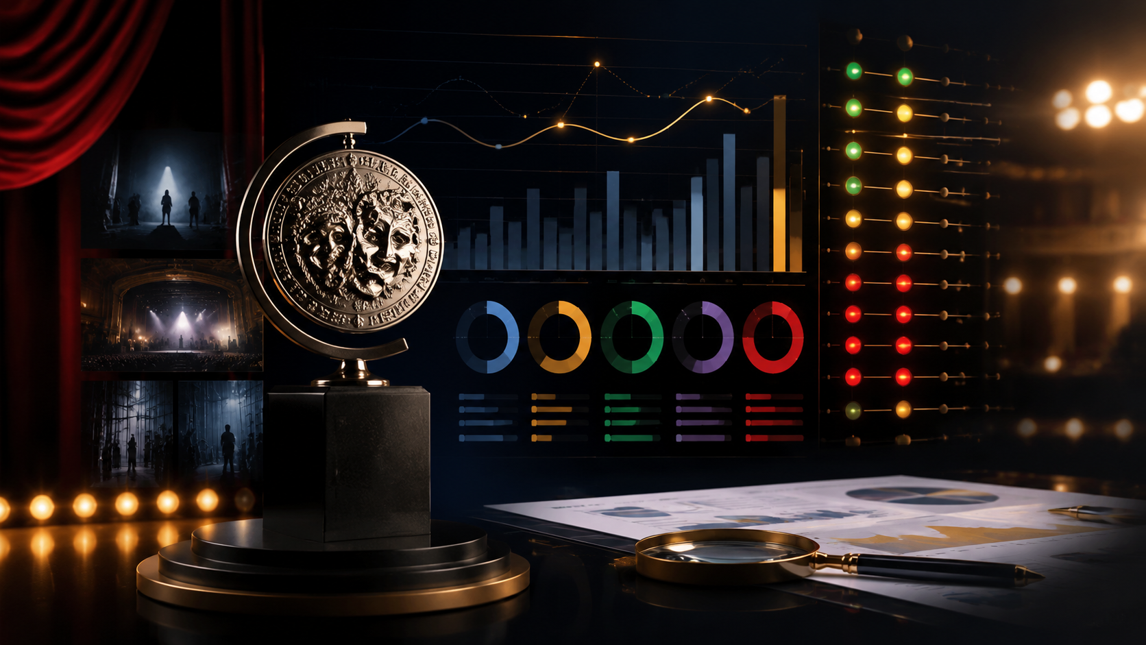 Editorial Tony Awards predictions board with Broadway categories and market signals