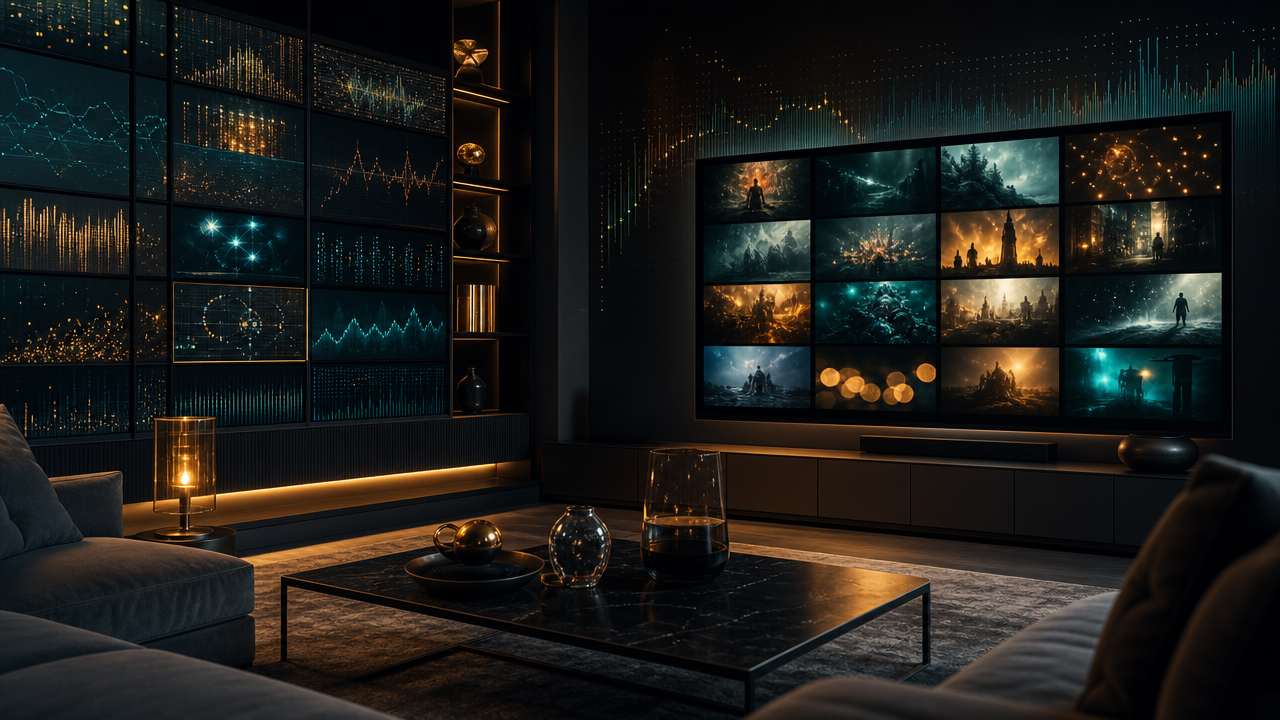 Editorial streaming dashboard with TV screens and abstract market signals